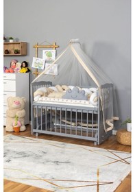 Resim Ahşap Beşik Anne Yanı Beşik Gri 60x120 - Krem Beyaz Örgü Uyku Seti Seti + Yatak Gri 