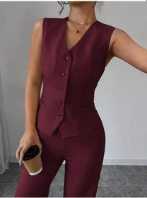 Resim Efnaz Style Kadın Askılı Önden Düğmeli Bluz Ve Pantolon Keten Ikili Takım Bordo 