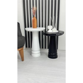 Resim Ahşap 2'li Set Mantar Yan Sehpa Modern Siyah Beyaz Renk Fiskos Zigon Çiçeklik 