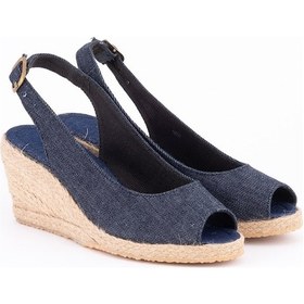 Resim Burnu Açık Arkası Bantlı Dolgu Topuk Kot Mavi Bayan Keten Hasır Espadril Mavi 