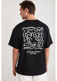 Resim Grimelange RICO Erkek %100 Pamuklu Önü Ve Arkası Baskılı Bisiklet Yaka Kısa Kollu Oversize Siyah T-Shirt 