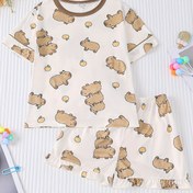 Resim TANYUN Capybara Pijama Kızlar İçin, Daha Yaşlı Çocuklar İçin Uygun, Ateşe Dayanıklı, Hafif Kısa Kollu ve Şortlu Yeni Yaz Tasarımı ile, Hem Erkekler Hem de Kızlar İçin İki Parça Takım, Dışarıda Giyilebilir. 