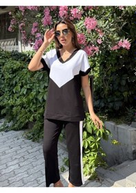 Resim Soonaksesuar Kadın Kısa Kollu V Yaka Siyah Beyaz Renkli Viskon Iki Iplik Kumaş Eşofman Takımı Siyah 