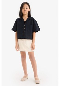Resim DeFacto Kız Çocuk Cropped Fit Keten Kısa Kollu Gömlek D7638A825SMBK27 