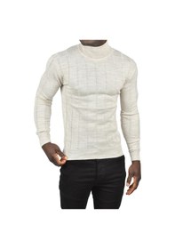 Resim Deepsea Erkek Bej Slim Fit Likralı Tam Balıkçı Yaka Çizgili Boğazlı Kazak 2505504 Bej 