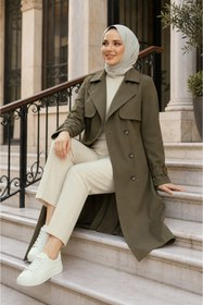 Resim Modark Kadın Haki Kruvaze Tesettür Trençkot Kemerli Su İtici Uzun Pardösü 