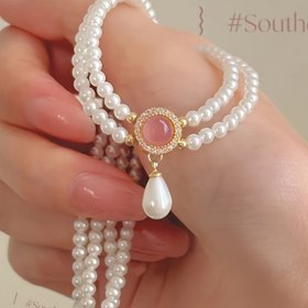 Resim Kadınlar için Pembe Sentetik Taş ve Taklit İnci Gerdanlık - Bohem Şık Hafif Lüks Klavikula Zinciri, Altın Tonlu Ayrıntılar, Onu İçin Günlük Takı Hediyesi, Tüm Yıl Boyunca Kullanım 