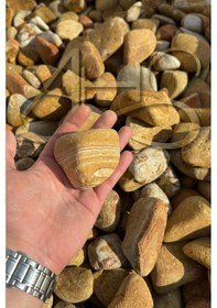 Resim Sarı Çizgili Rainbow Dolomit Çakıl Taşı 6-10 Cm 1 Kg Dekoratif Bahçe Peyzaj Saksı Akvaryum Teraryum 