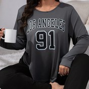 Resim Kadınların Büyük Beden Los Angeles 91 Grafik Pijama Takımı - Gri ve Siyah Uzun Kollu Yaka Üstü ile Eşleşen Pantolon, Esnek ve Rahat Ev Giyimi, Yetişkinler için Pijama Takımları 