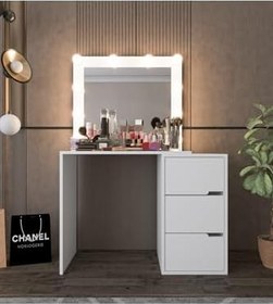Resim VM VERTEX MOBİLYA Modena Hollywood Işıklı Aynalı Çekmeceli Makyaj Masası Beyaz BEYAZ 