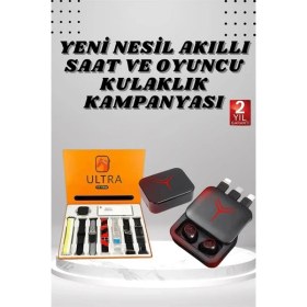 Resim Dijital Göstergeli Powerbank Kablosuz Kulaklık ve 7 Kordonlu Yeni Nesil Akıllı Saat Dokunmatik Kontrol 