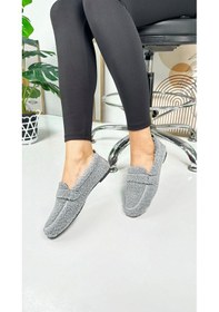 Resim Günlük Kadın Loafer Peluş Astarlı Oval Burunlu Alçak Desenli Tabanlı Ayakkabı 375 Gri 