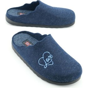 Resim Gezer Kadın Kışlık Nakışlı Kalpli Tasarım Rahat Taban Ev Bahçe Terlik Lacivert 