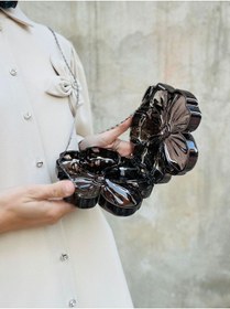 Resim Çiçek Şeklinde Uzun Zincir Askılı Metal Abiye Çanta Siyah-antrasit 