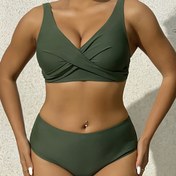 Resim Kadınlar için Yüzme Kıyafeti Bikini Çapraz Kink Düz Renk Seksi Zayıflatan Ayarlanabilir Omuz Askılı Yazlık Plaj Giyimi İki Parçalı Mayo 