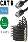 Resim IRENIS Siyah Cat6 Yassı Ethernet Network Lan Internet Kablosu -10 m 5 Adet 