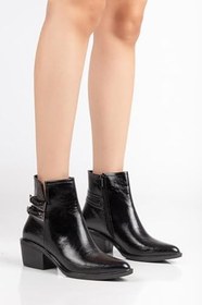 Resim Kadın Topuklu Bot Siyah Rugan Sivri Vestern Toaklı 