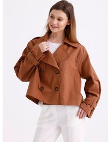 Resim Pastelastore %100 Pamuk Gabardin Astarlı Oversize Geniş Kalıp Kadın Crop Kısa Trençkot 1122 Taba 