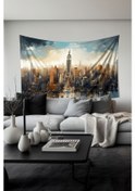Resim Şehir Silüeti Desenli Duvar Halısı Duvar Örtüsü Tapestry Süet Dokulu Kumaş 