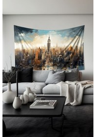 Resim Şehir Silüeti Desenli Duvar Halısı Duvar Örtüsü Tapestry Süet Dokulu Kumaş 
