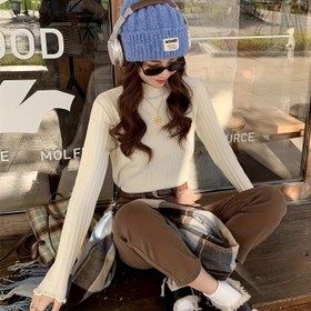 Resim Zarif ve Şık Kadınlar İçin Polyester Örgü Kazak, Düz Renkli Yüksek Yaka Kazak, Marul Kenar Detaylı, Sonbahar/Kış İçin 