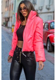 Resim Keyifli Moda Kadın Pembe Dik Yaka Kısa Deri Şişme Mont 