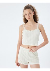 Resim Koton Askılı Crop Pijama Üstü Fırfırlı Dokuma Pamuklu Ekru 5wlk90027mk 