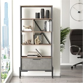 Resim L'occi Concept Darian D Ofis Kitaplık Metal Ayaklı Kahve-Beton-Antrasit Dr4-Cga 