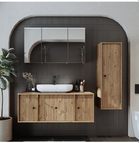 Resim Oval Lavabolu Mat Mdf 120 Cm Çekmeceli Banyo Dolabı + Aynalı Üst Atlantik Çam 