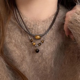 Resim Kadınlar için 2 Parça Vintage PU Deri Kolye Seti, Katmanlı Şık Köprücük Kemik Zinciri Aksesuarları 