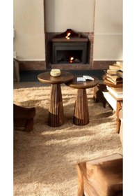 Resim Doğal Masif Ahşap Yan Sehpa Seti 2 Li Ceviz Renk Zigon Ve Fiskos Sehpa - Dekoratif Çiçeklik Ceviz 