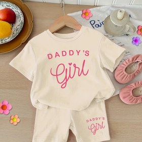 Resim Kızlar için Yazlık Kıyafet, "Babamın Kızıyım" Yazılı Örgü Üst ve Şort Takımı, Yumuşak Rahat Günlük Polyester 95% Elastane 5%, Hafif Esneklik, Yuvarlak Yaka, Kısa Kollu - Moda Giyim, Dış Mekan İçin 
