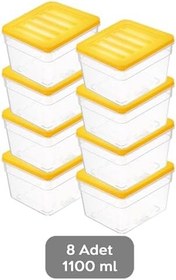 Resim 8'li Derin Buzdolabı Organizer Set Düzenleyici Saklama Kabı Mikrodalga Difriz Kabı 1100ml Sarı 