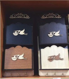 Resim Anahtarlıklı Askılı Zarif Leylekli Ahşap Posta Kutusu Gazetelik 