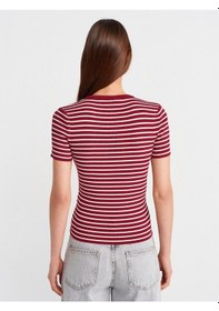 Resim Dilvin 10758 Bisiklet Yaka Çizgili Basic Triko Bluz-bordo-ekru Bordo-ekru 