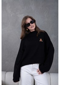 Resim Park Karon Kadın Siyah Dik Yaka Oversize Nakışlı Triko Kazak 224301 Siyah 