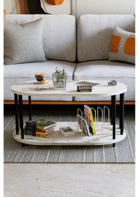 Resim Modern Oval Orta Sehpa Çift Katlı Metal Ayaklı Salon, Ofis, Dekoratif Sehpa, Kahve Sehpası Beyaz Mermer 