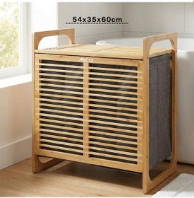 Resim Kalın Ahşap Bambu 2 Bölmeli Kirli Çamaşır Sepeti Kumaş Çantalı Sepet 54x35x60cm 5399 Çok Renkli 