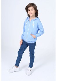 Resim Toontoy Kids Toontoy Erkek Çocuk Kapüşonlu Fermuarlı Cepli Düşük Omuz Baskılı Örme Hırka - 3 İplik Şardonsuz Mavi 