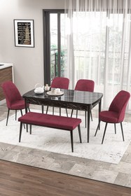 Resim Canisa Zen Serisi 80x132 Mdf Açılabilir Siyah Mermer Desen Masa Takımı 4 Bordo Sandalye Ve 1 Bench 