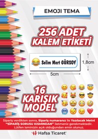 Resim Hafsa Ticaret 256 Adet Kalem Etiketi Emoji Tema Isimli Kişiye Özel Okul Etiketi 