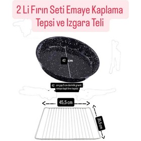 Resim Granit Kaplama Emaye Yuvarlak Fırın Tepsisi Ve Fırın Izgara Teli 2'li Set 45,5 35,5 Cm Gümüş 