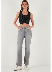 Resim Lela Slim Fit Kalp Yaka Düğmeli Kalın Askılı Crop Bayan Yelek 5865497 Beyaz-Siyah 