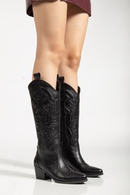 Resim Ms Sugar Kadın Siyah Deri Kapartmalı Nakışlı Uzun Kovboy Çizme 