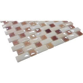 Resim MozaiKristaL Mutfak Tezgah Arası, Havuz, Banyo, Sauna, Spa, ve Yaşam Alanlarının Tüm Yüzeyleri İçin. 25X50MM. P.krem - P.kahve. 31.5X31.5 Cm. Fileli Cam Mozaik. ( 10 File Karo = 1 M2 Fiyatıdır ) 