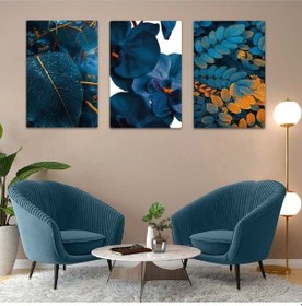 Resim Mavi Bitki 3'lü Mdf Tablo Set 
