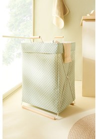 Resim Ocean Home Textile Katlanabilir Metal Destekli Beyaz Renk Mint Dama Desen Çamaşır Sepeti 36 X 33 X 60 Cm Yeşil 