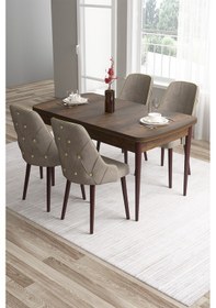 Resim Canisa Tia Serisi, Barok Ahşap Desen 80x132 Açılabilir Mdf Mutfak Masası 4 Cappucino Sandalye Gold Detay Masa Barok Ahşap Desen Sandalye Cappucino 