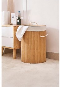 Resim İronika Bambu Kirli Çamaşır Sepeti Halatlı Bambu Çamaşır Oyuncak Sepeti Yuvarlak Açık Kahverengi 