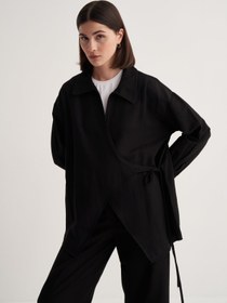 Resim Kadın Dökümlü Pamuklu Yakalı Kimono Siyah - STD 